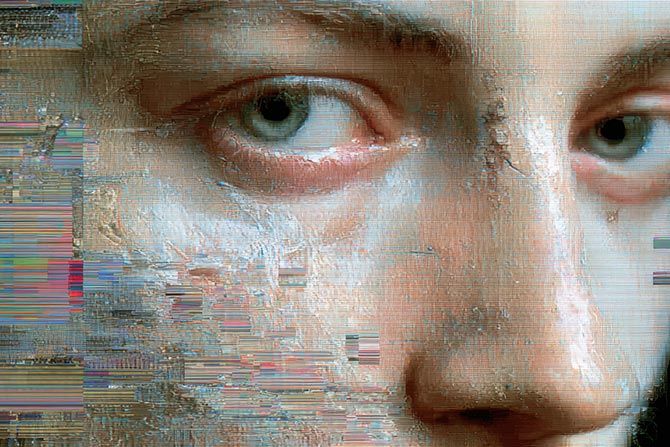 AI-Driven Elder Fraud; Close-up of a person's face with a digital glitch effect. The image shows one eye prominently, mixing realism with colorful pixelation. The mood is enigmatic.