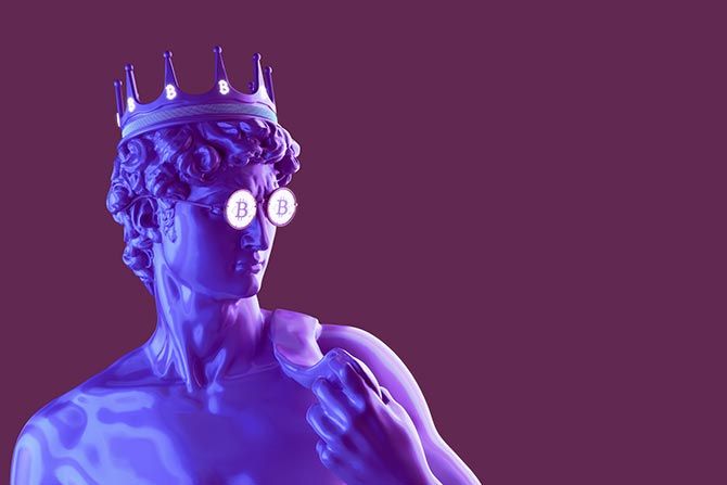 Embracing Innovation; A purple statue of a man wearing sunglasses with Bs on them and a crown, with a purple background.