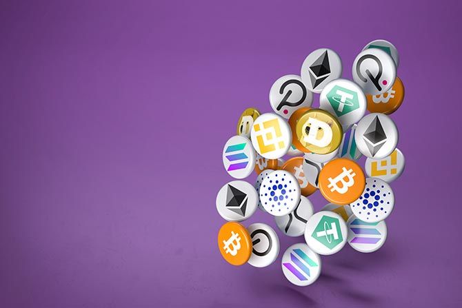 Flourish: Rising Concerns Over National Bank Trust Charters; A 3D cluster of cryptocurrency logos, including Bitcoin, Ethereum, and Binance, on colorful discs hover against a vibrant purple background, conveying excitement.