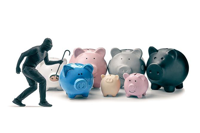 Your Board’s Cybersecurity Oversight Probably Isn’t Good Enough; A masked figure in black sneaks toward colorful piggy banks, implying a theft. The scene conveys tension with blue, pink, and gray piggy banks.